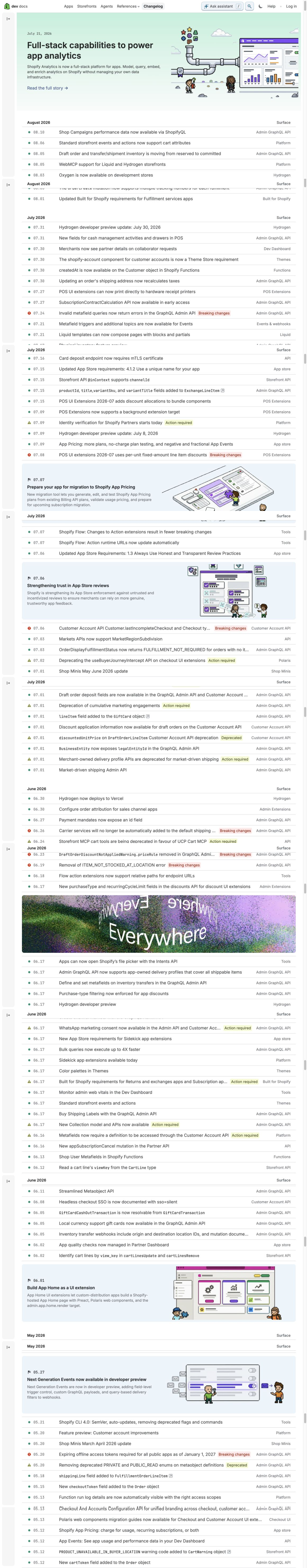 Complete screenshot of Shopify Developer Changelog captured 12 August 2026