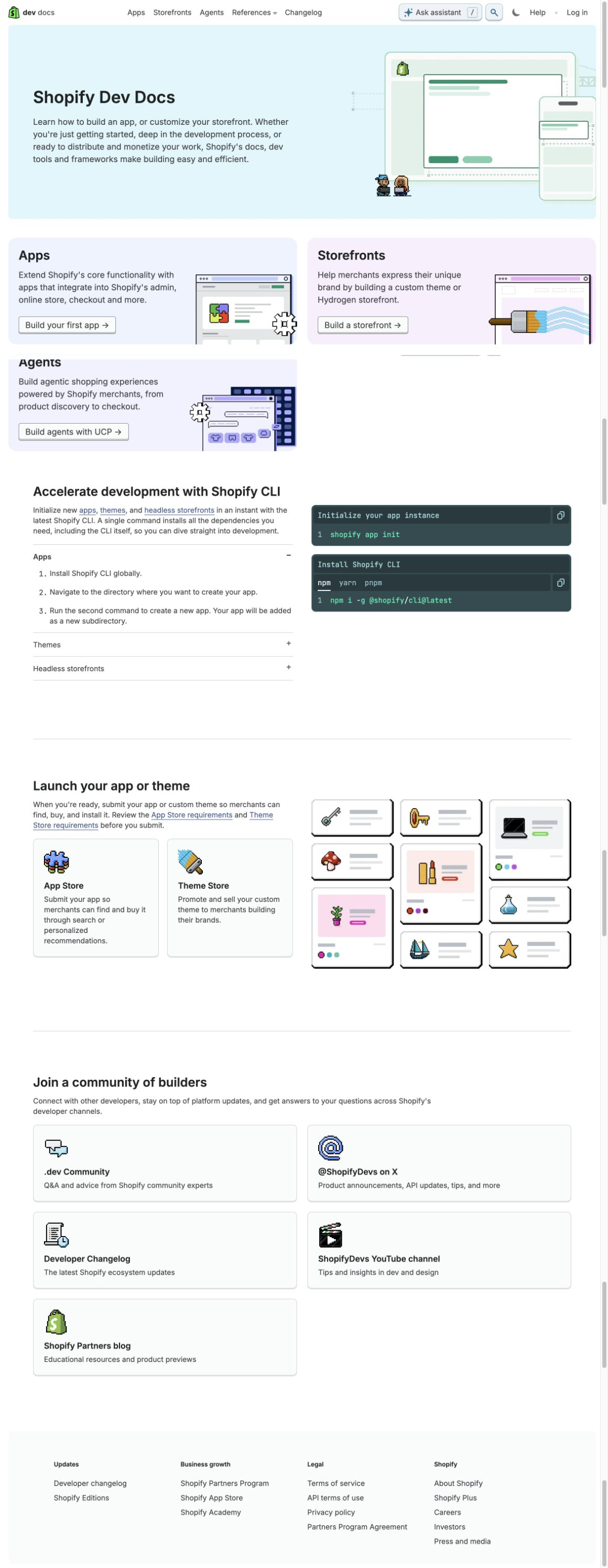 Complete screenshot of Shopify Dev Docs homepage captured 12 August 2026