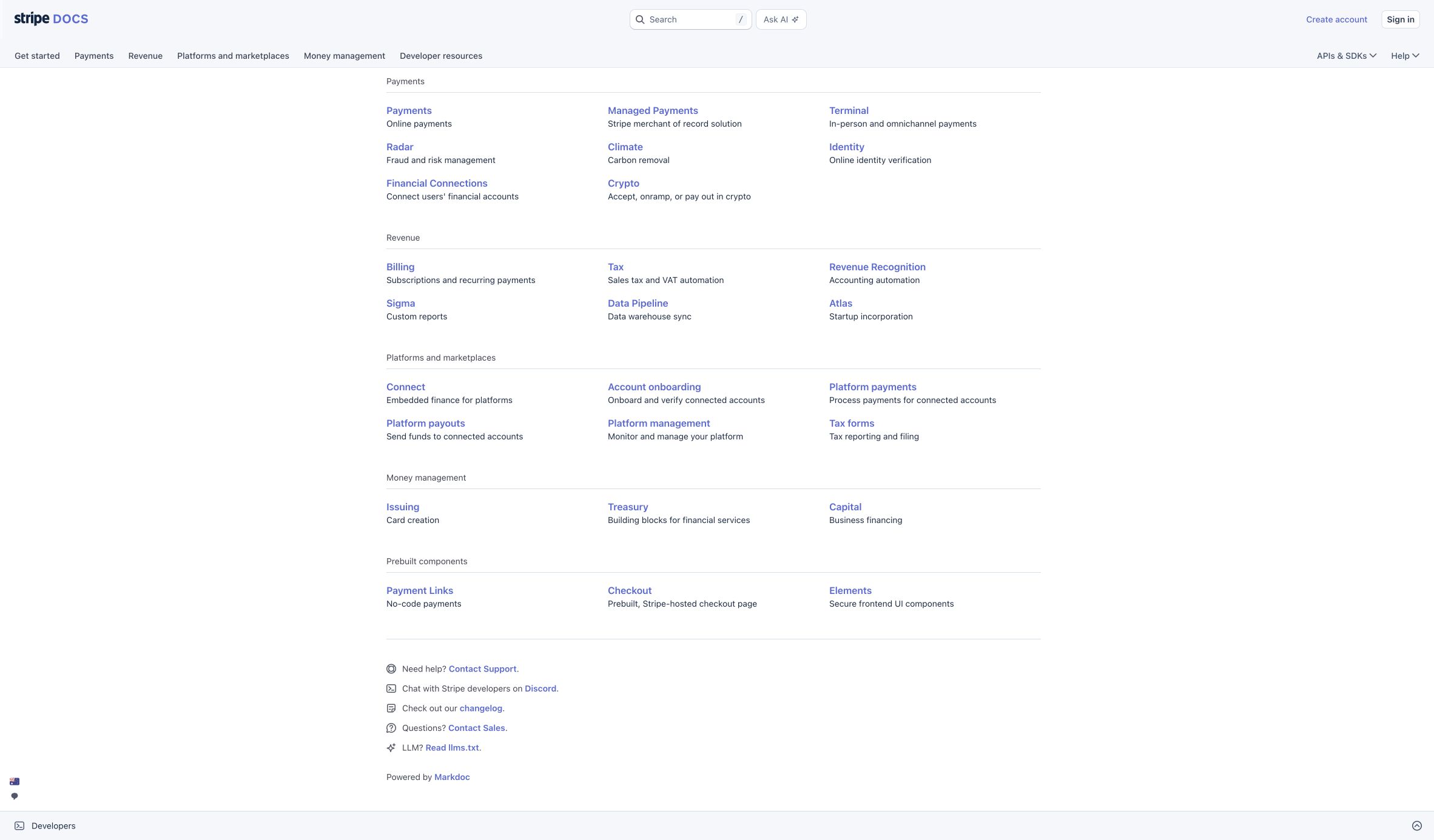 Lower section of Stripe documentation homepage