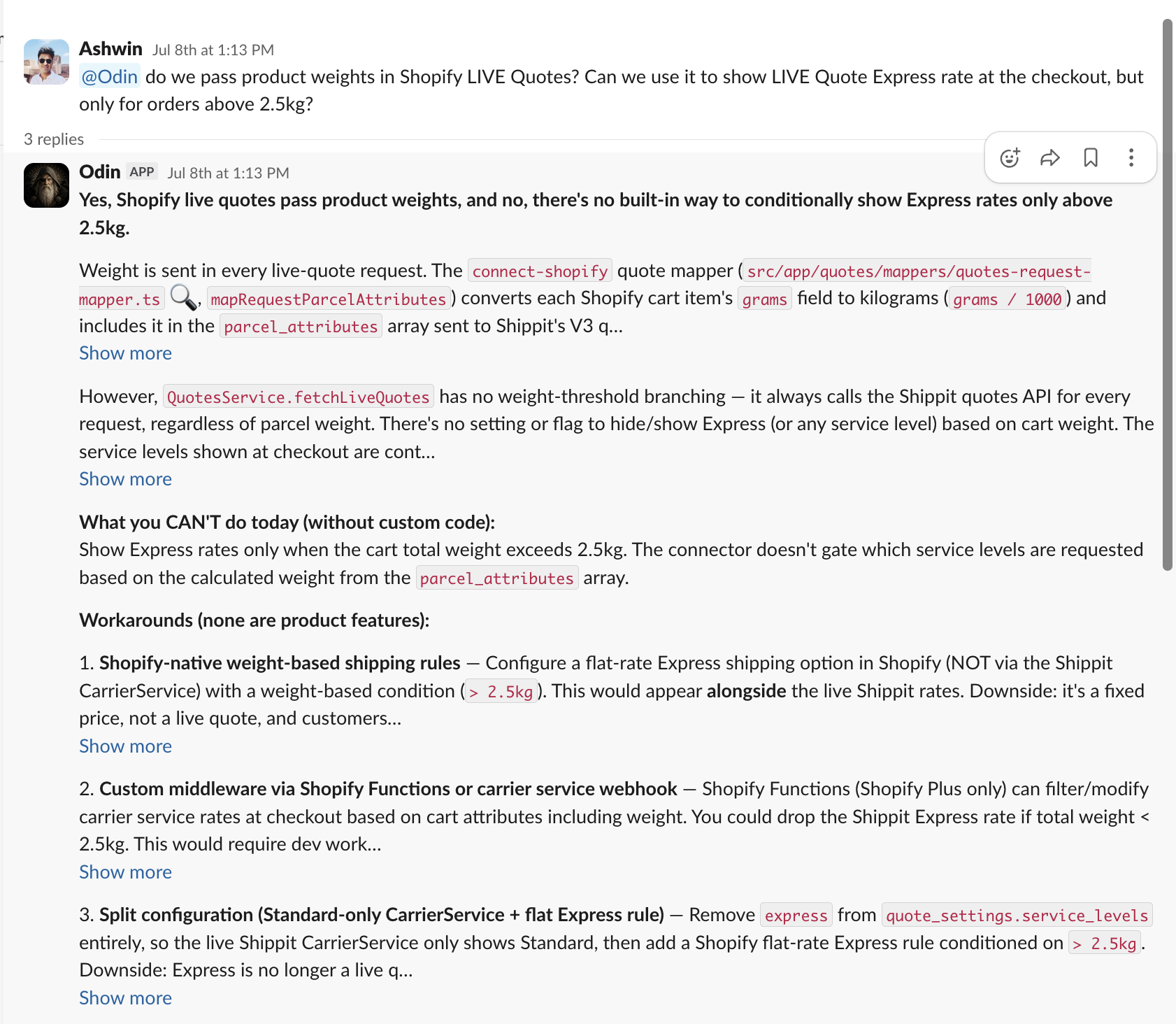 A real Slack thread showing Odin answering a product question with code-level evidence and practical workarounds.